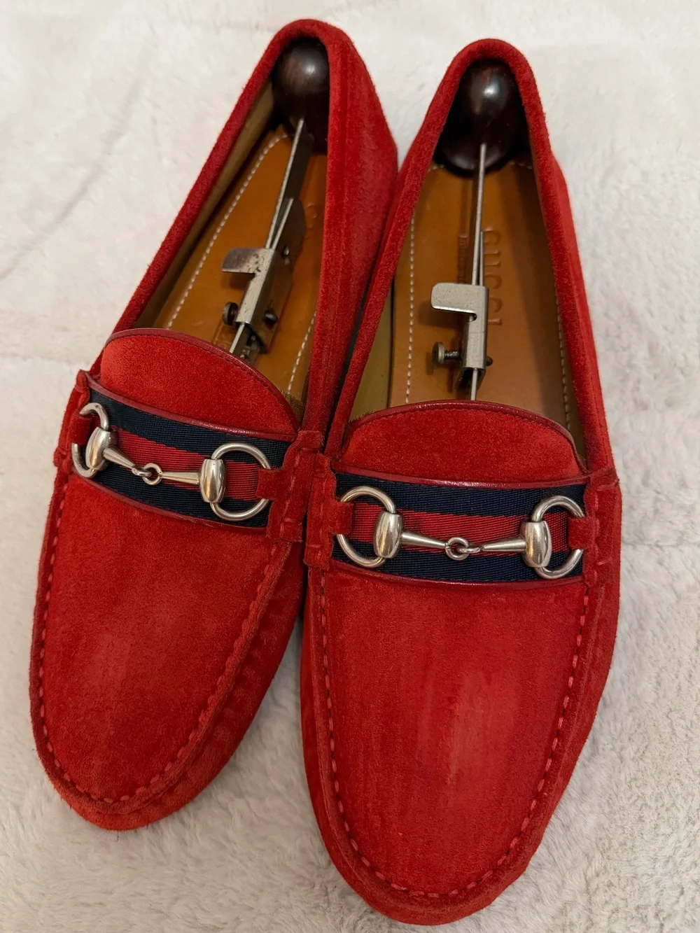 $850 Gucci Red Suede Leather Horse-Bit Link Loafers Driving Moccasins 7.5 8.5